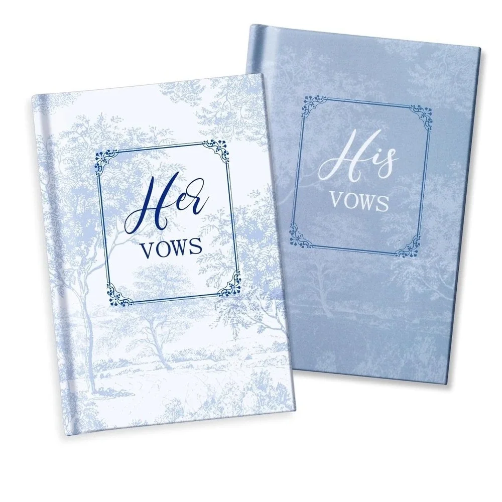 Wedding Vow Books His and Hers Set of 2 Blue Toile Lined Journal 5.9x3.9 Inch